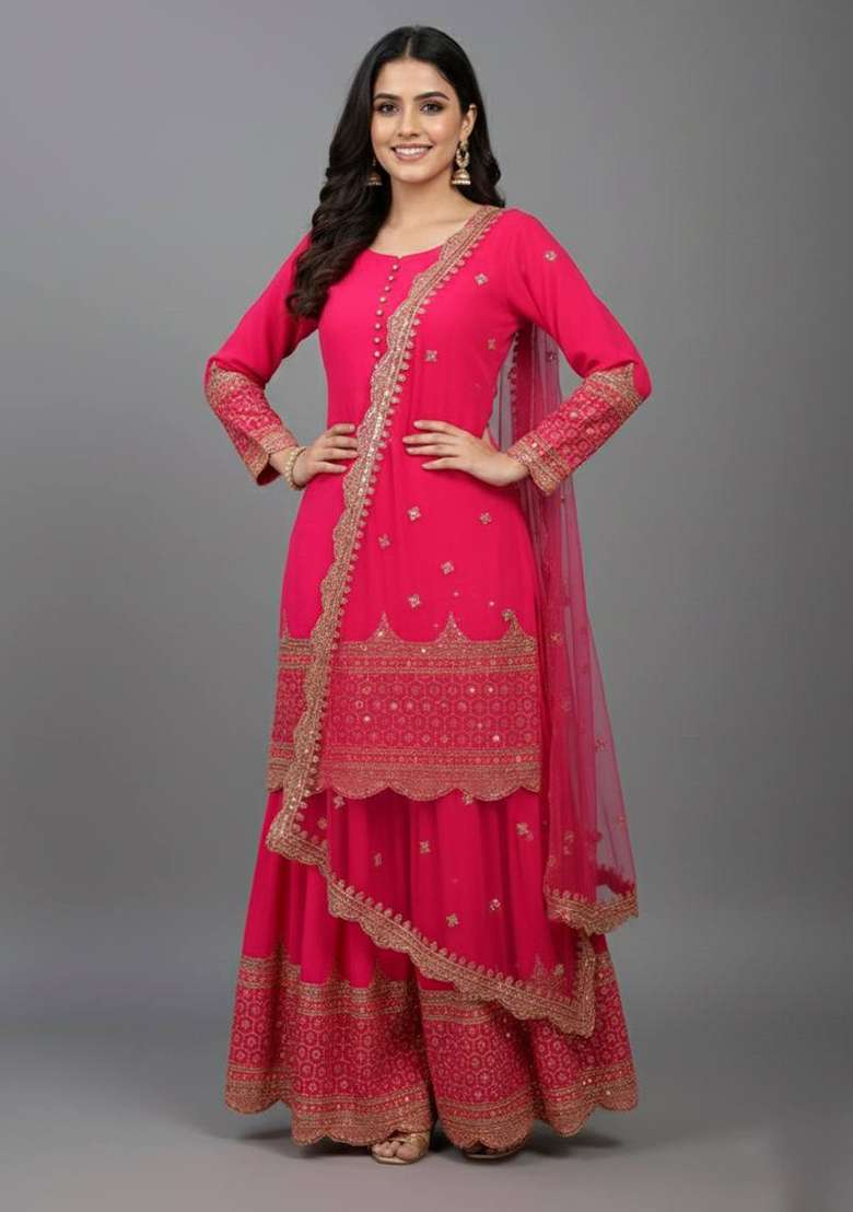 Dark Pink Embroidery Georgette Sharara Set - Indya