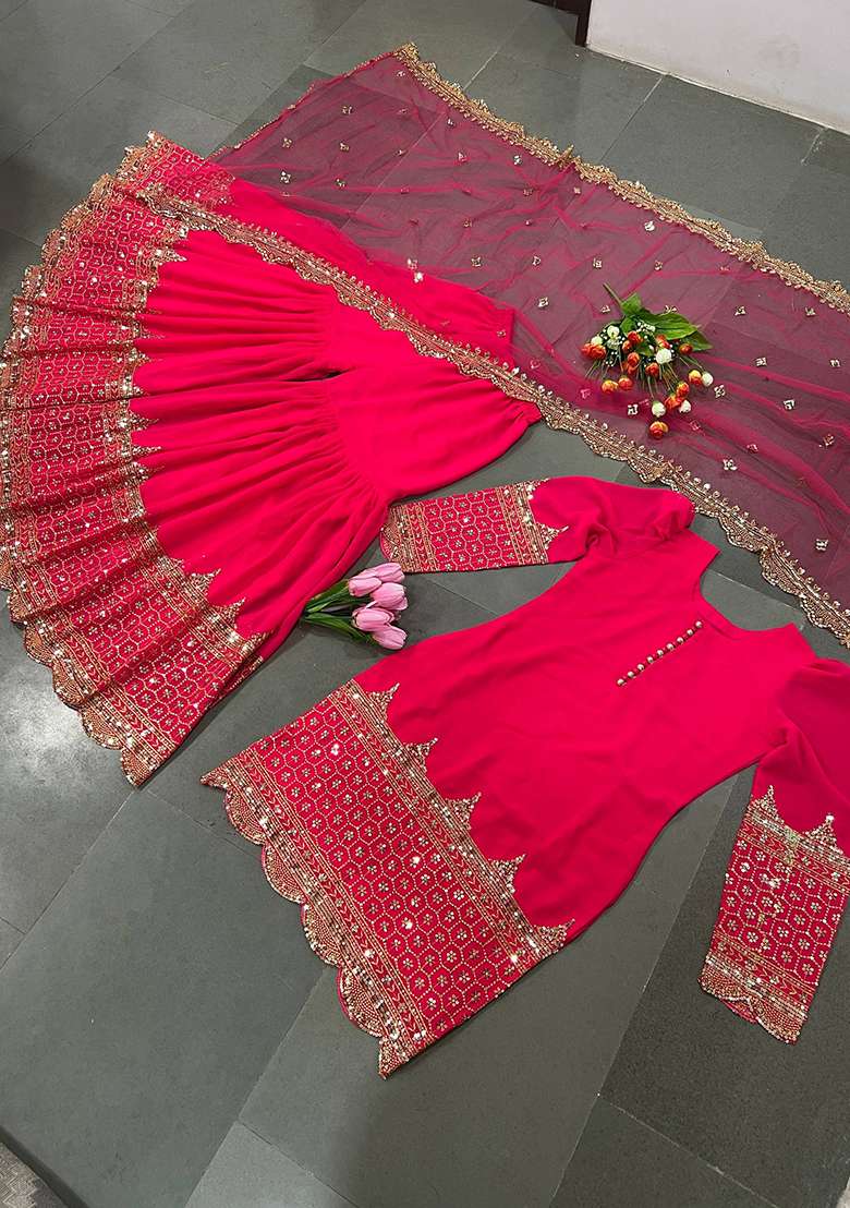 Dark Pink Embroidery Georgette Sharara Set - Indya