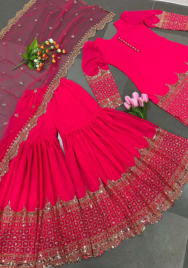 Dark Pink Embroidery Georgette Sharara Set - Indya