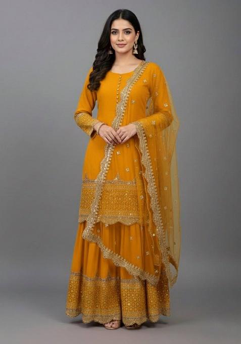 Yellow Embroidery Georgette Kurta Set
