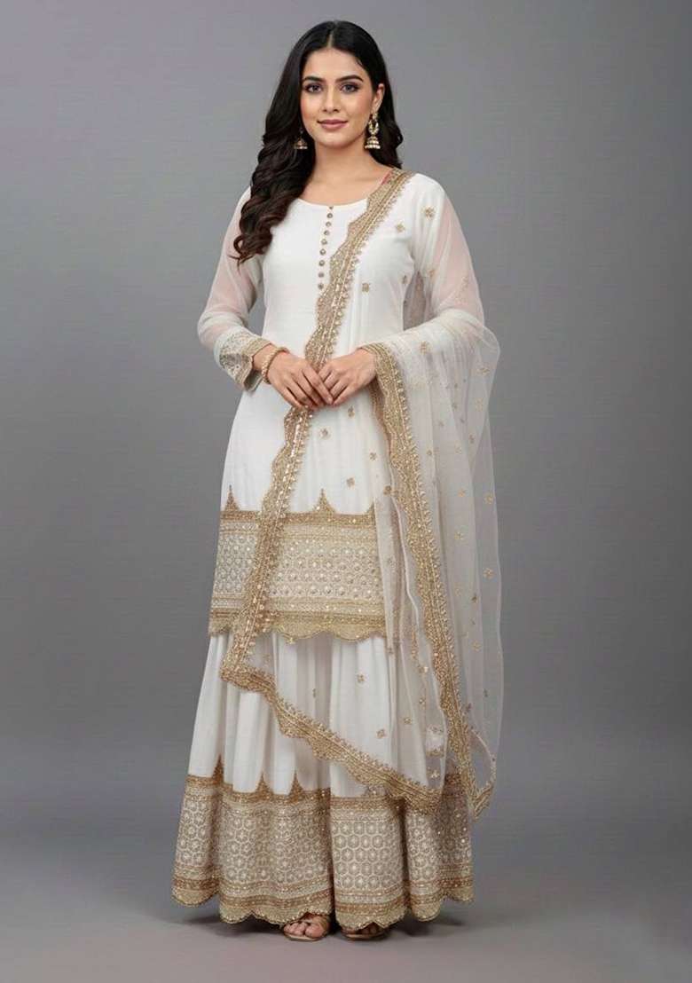 White Embroidery Georgette Sharara Set - Indya
