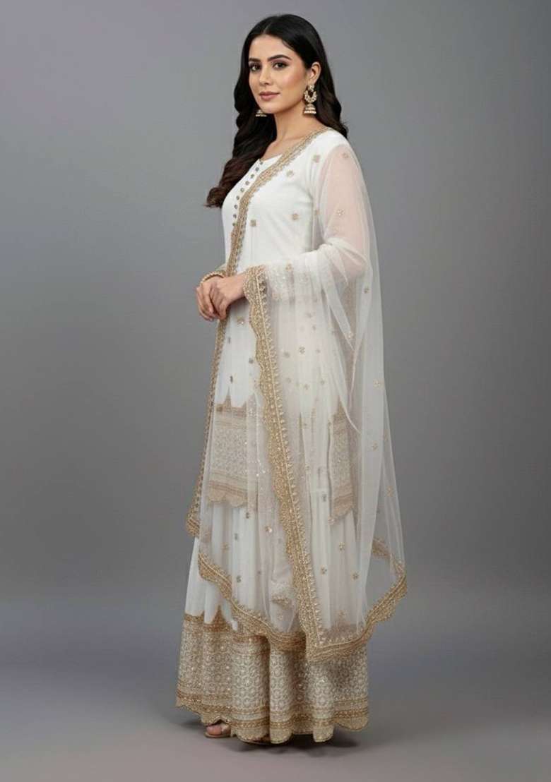 White Embroidery Georgette Sharara Set - Indya