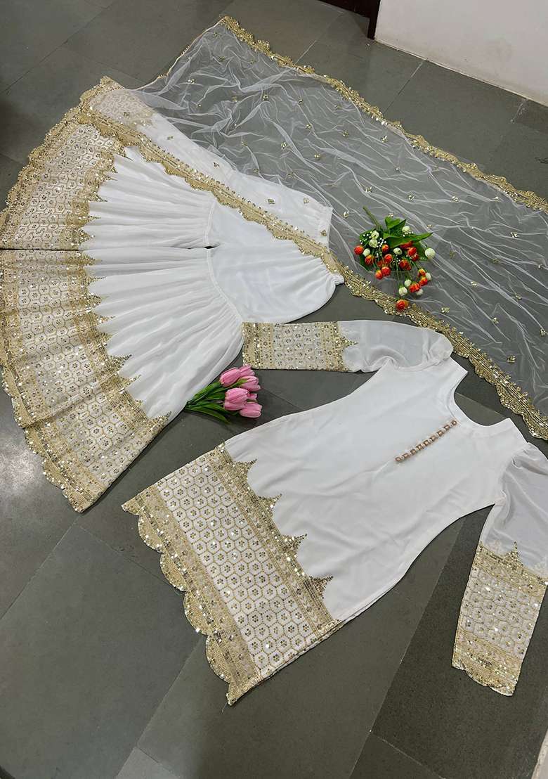 White Embroidery Georgette Sharara Set - Indya