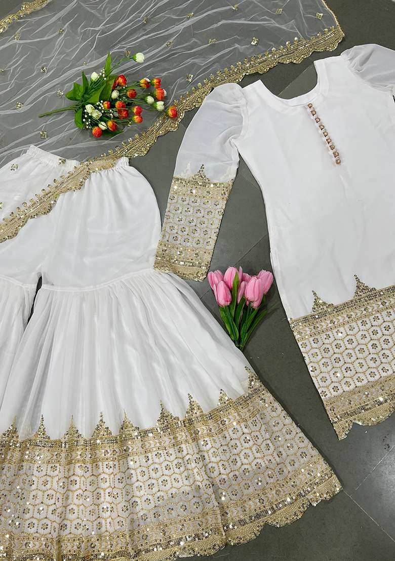 White Embroidery Georgette Sharara Set - Indya
