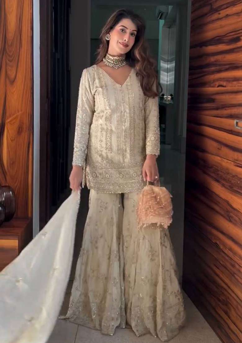 White Embroidery Georgette Sharara Set - Indya