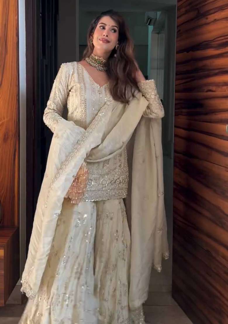 White Embroidery Georgette Sharara Set - Indya