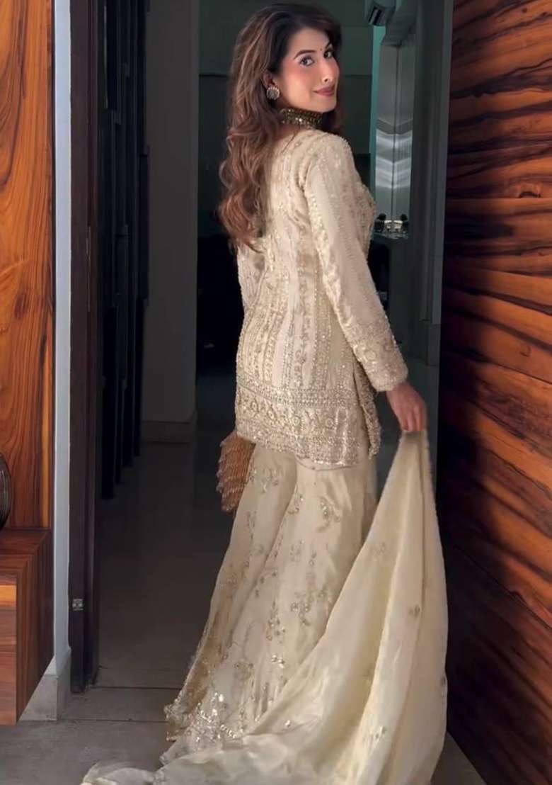 White Embroidery Georgette Sharara Set - Indya