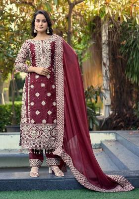 Maroon Embroidery Silk Kurta Set