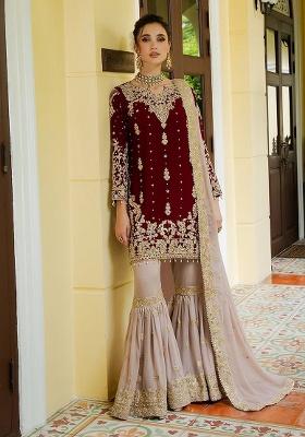 Maroon Embroidery Georgette Kurta Set