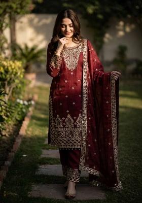 Maroon Embroidery Silk Kurta Set