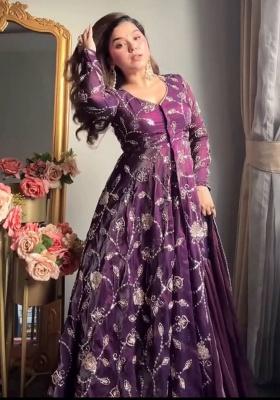 Wine Embroidery Silk Kurta Set