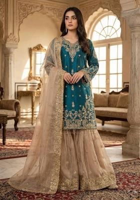 Teal Blue Embroidery Silk Kurta Set