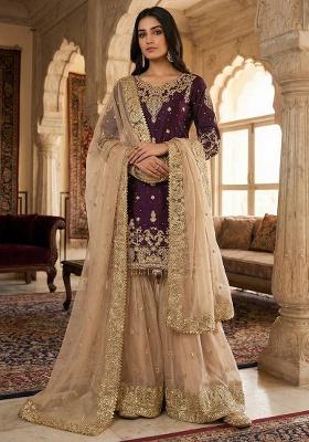 Wine Embroidery Silk Kurta Set