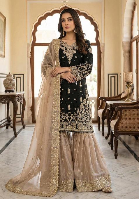 Black Embroidery Silk Sharara Set