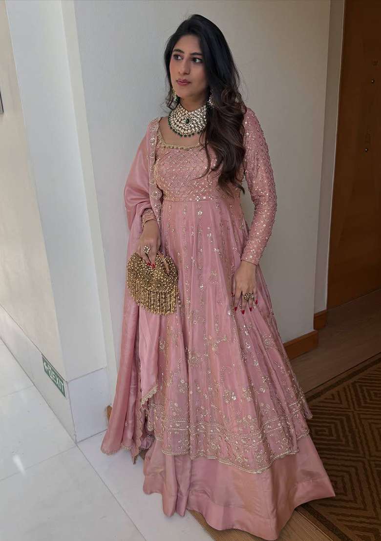 Pink Embroidery Silk Anarkali Set - Indya