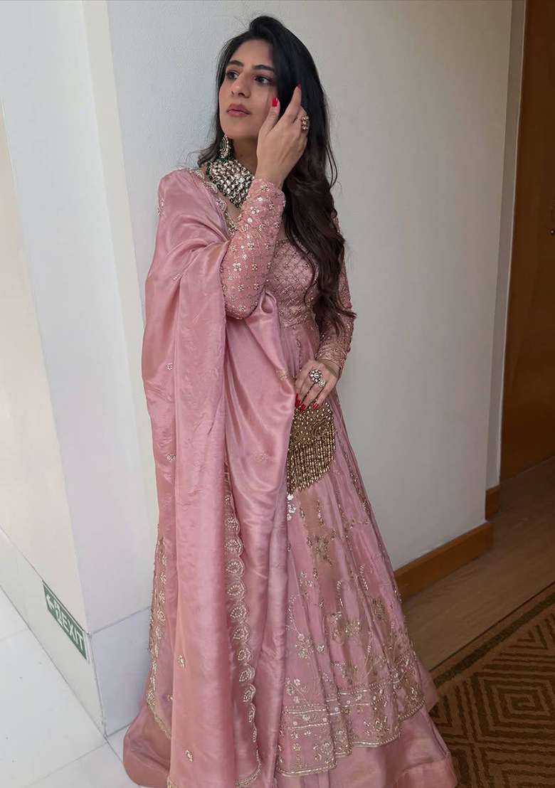 Pink Embroidery Silk Anarkali Set - Indya