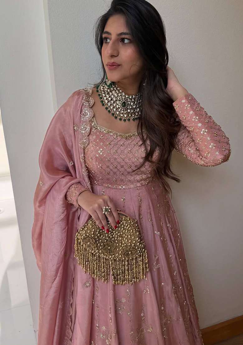 Pink Embroidery Silk Anarkali Set - Indya