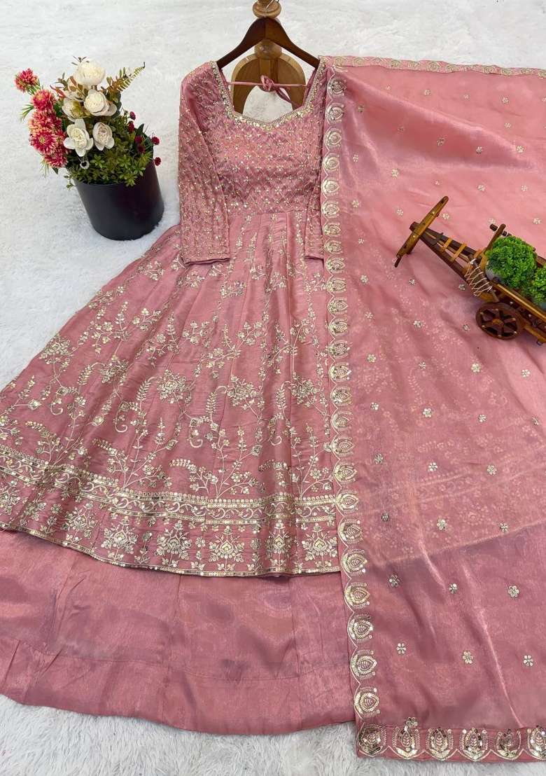 Pink Embroidery Silk Anarkali Set - Indya