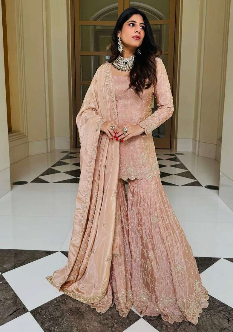 Pink Embroidery Silk Sharara Set - Indya