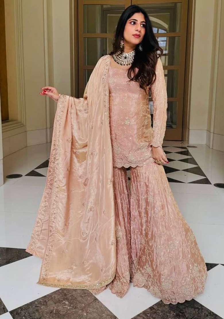 Pink Embroidery Silk Sharara Set - Indya