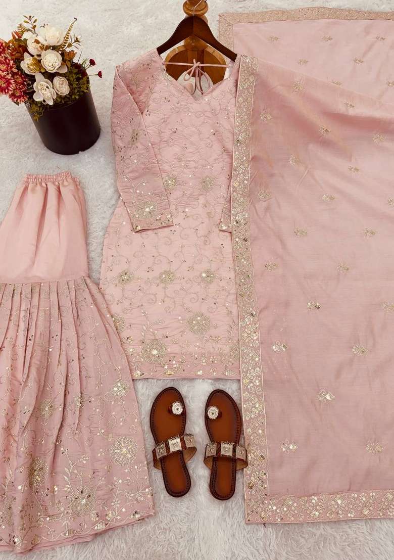 Pink Embroidery Silk Sharara Set - Indya