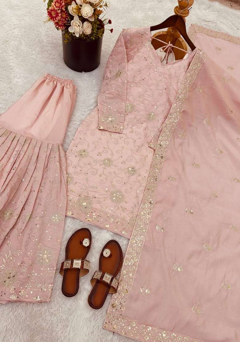 Pink Embroidery Silk Sharara Set - Indya
