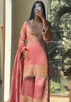Pink Embroidery Silk Kurta Set
