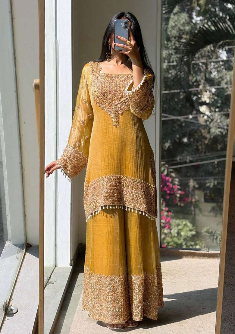 Yellow Embroidery Silk Sharara Set - Indya