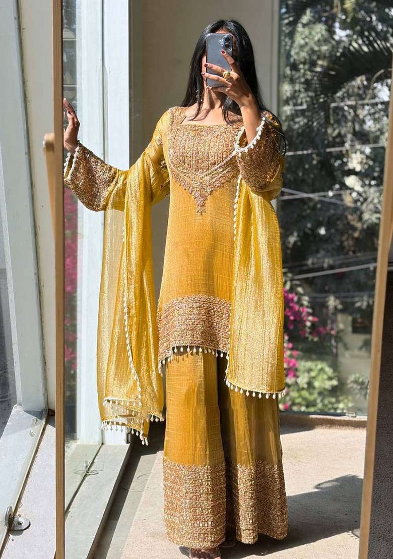 Yellow Embroidery Silk Sharara Set - Indya
