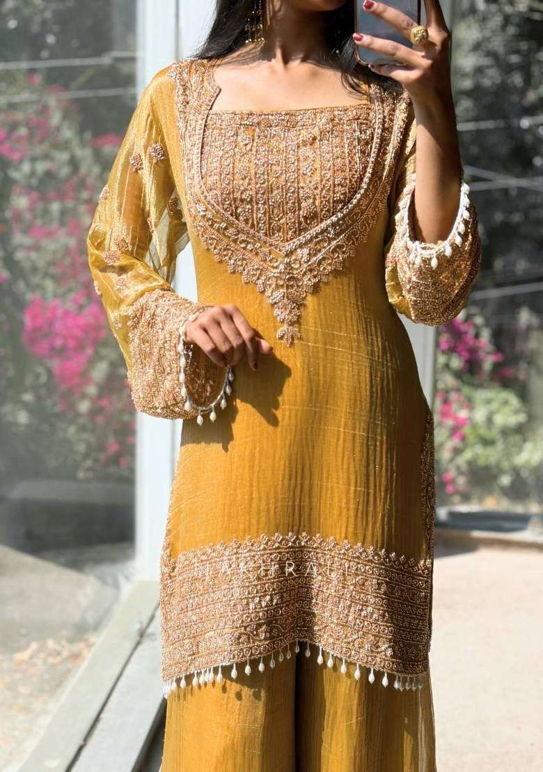 Yellow Embroidery Silk Sharara Set - Indya