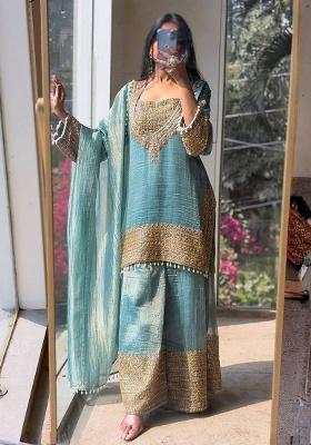 Sky Blue Embroidery Silk Kurta Set