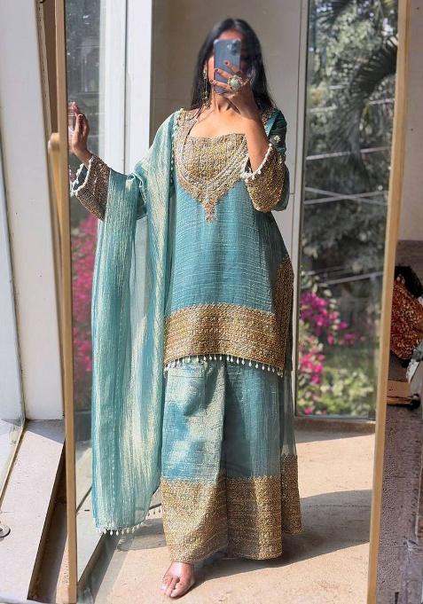 Sky Blue Embroidery Silk Kurta Set