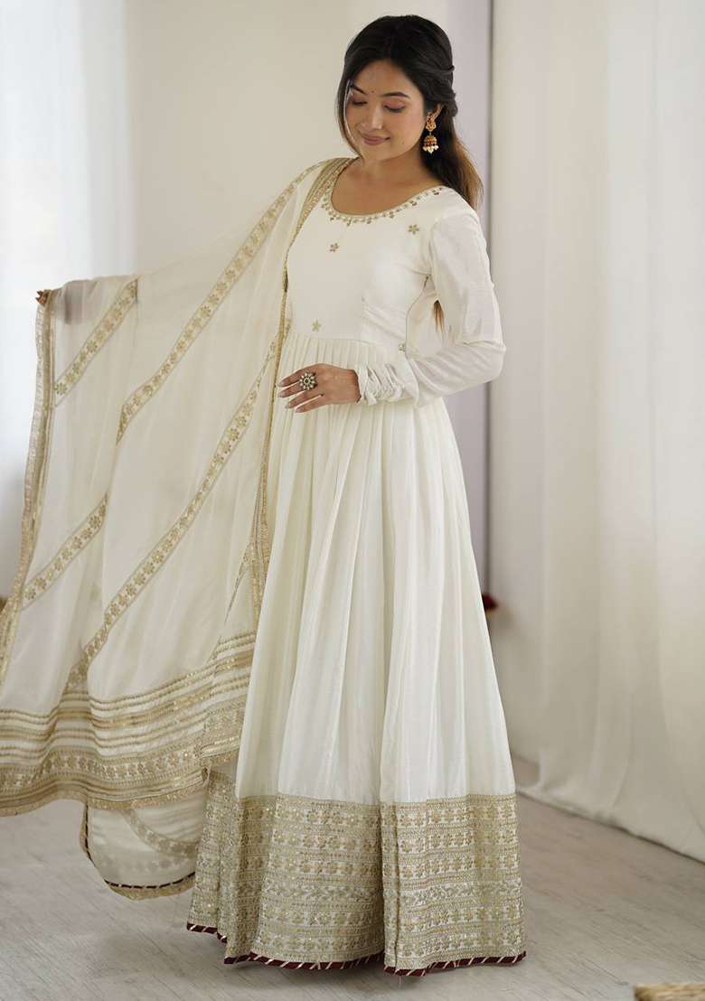 White Sequin Silk Anarkali Set - Indya
