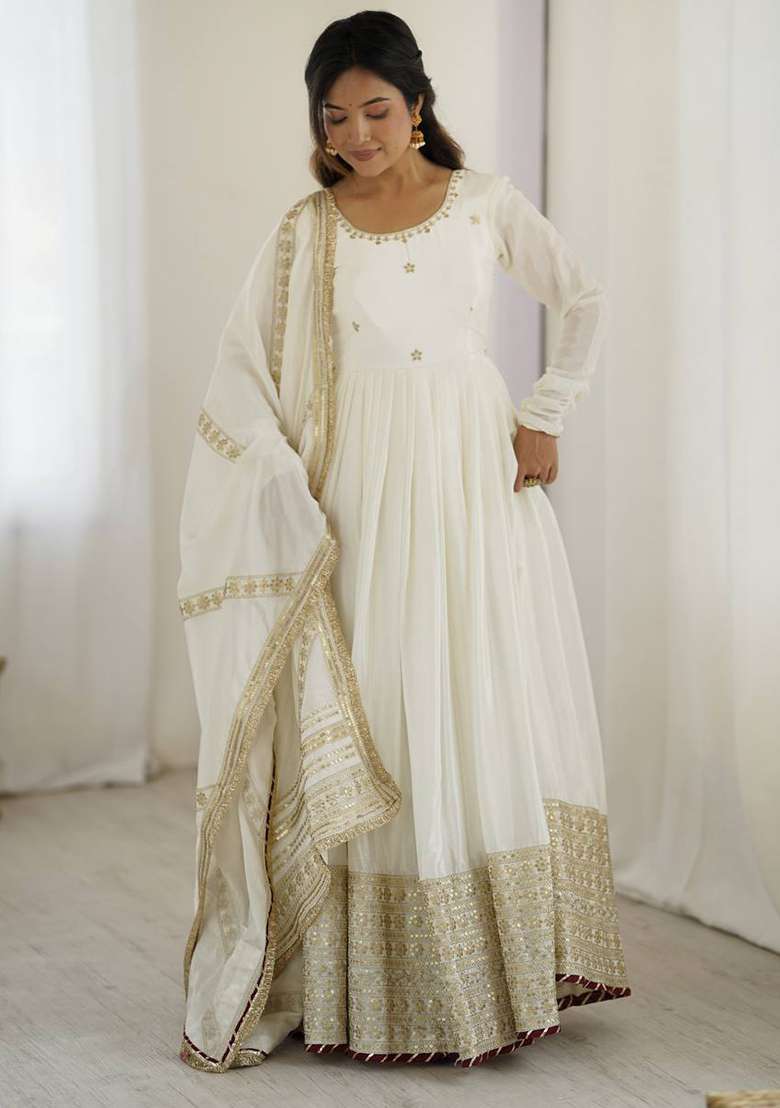White Sequin Silk Anarkali Set - Indya