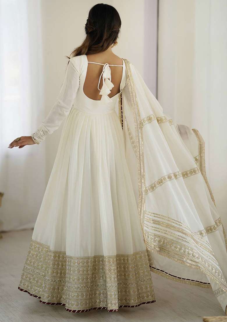 White Sequin Silk Anarkali Set - Indya