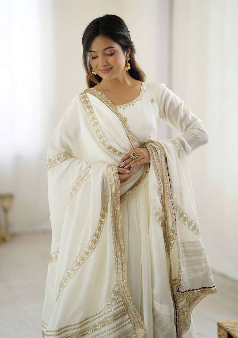 White Sequin Silk Anarkali Set - Indya
