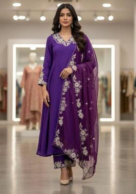 Purple Embroidery Silk Kurta Set