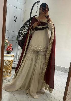 Cream Embroidery Chinon Kurta Set