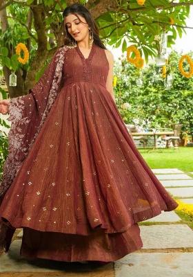 Brown Embroidery Crunchy Kurta Set