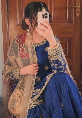 Royal Blue Embroidery Chinon Kurta Set