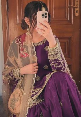 Wine Embroidery Chinon Kurta Set