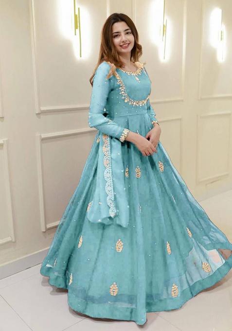 Aqua Blue Embroidery Georgette Kurta With Dupatta