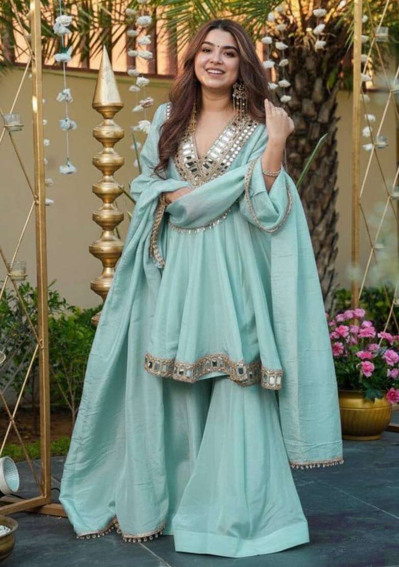 Light Blue Embroidery Cosmos Sharara Set - Indya
