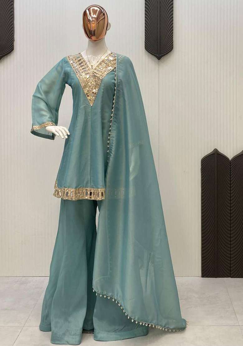 Light Blue Embroidery Cosmos Sharara Set - Indya