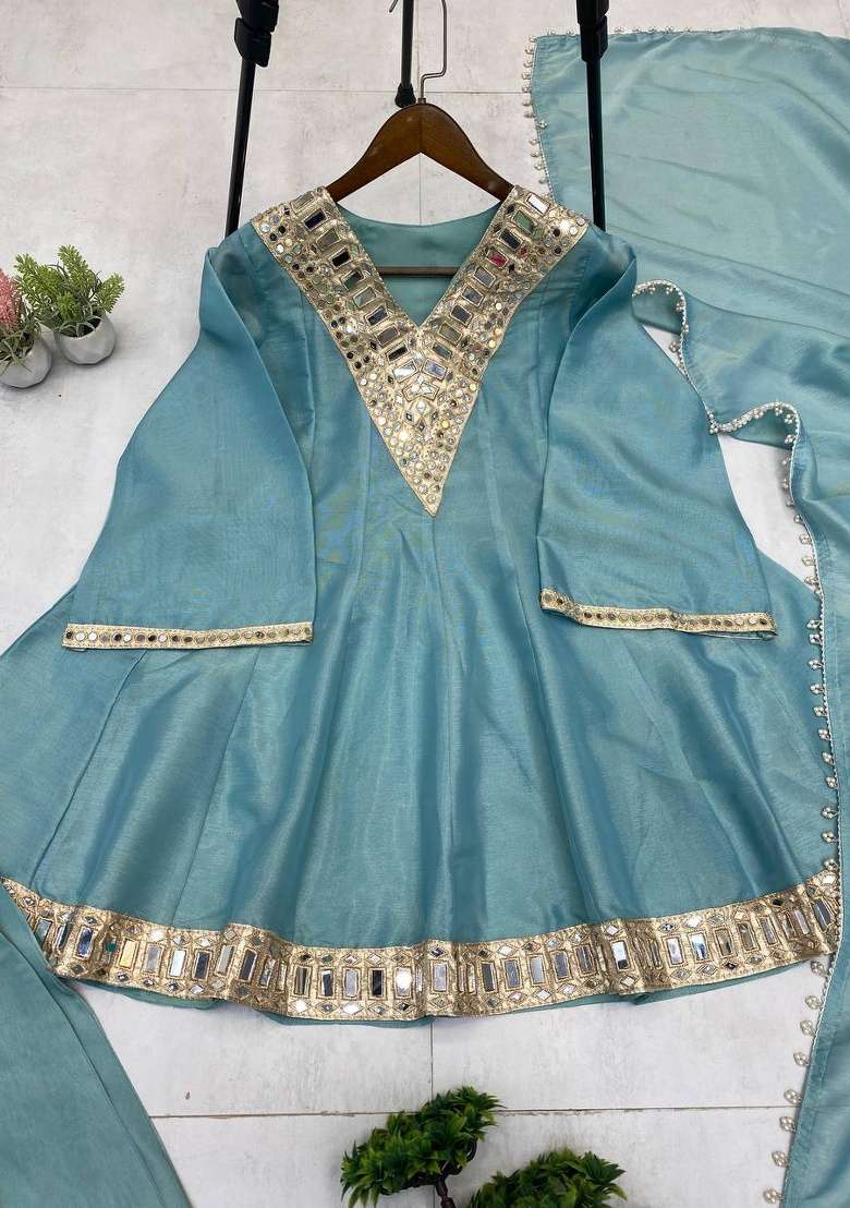 Light Blue Embroidery Cosmos Sharara Set - Indya
