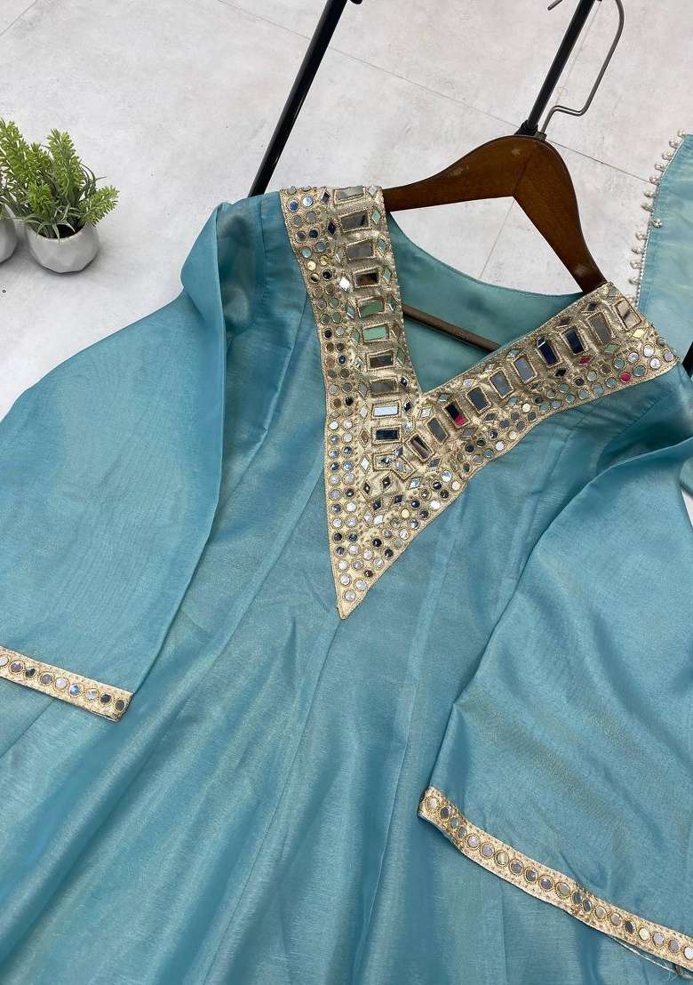 Light Blue Embroidery Cosmos Sharara Set - Indya