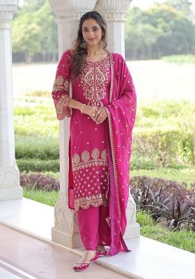 Pink Embroidery Faux Blooming Kurta Set