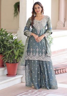 Dusty Green Embroidery Silk Kurta Set