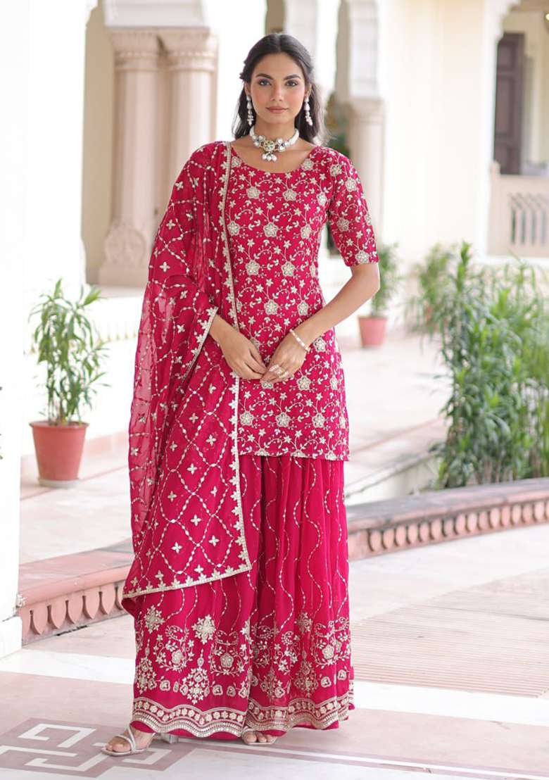 Pink Embroidery Georgette Sharara Set - Indya