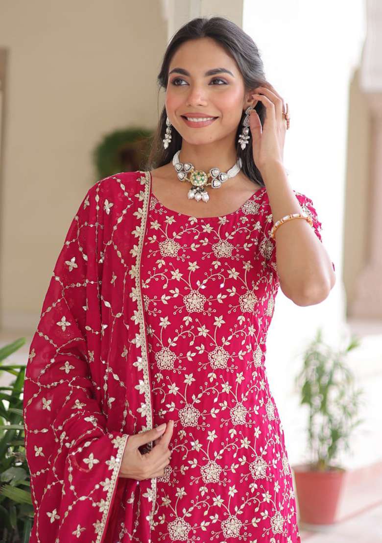 Pink Embroidery Georgette Sharara Set - Indya